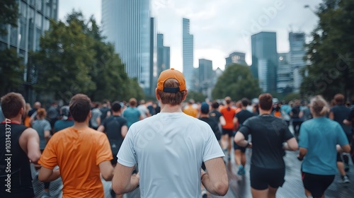 A group of motivated individuals participating in a charity marathon sprinting through the lively streets of a city center to raise funds and awareness for an important cause