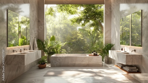 Luxury Bathroom Oasis: A luxurious bathroom with a marble bathtub, double sinks, and a large window overlooking a lush tropical garden. The space is filled with natural light and a sense of calm.