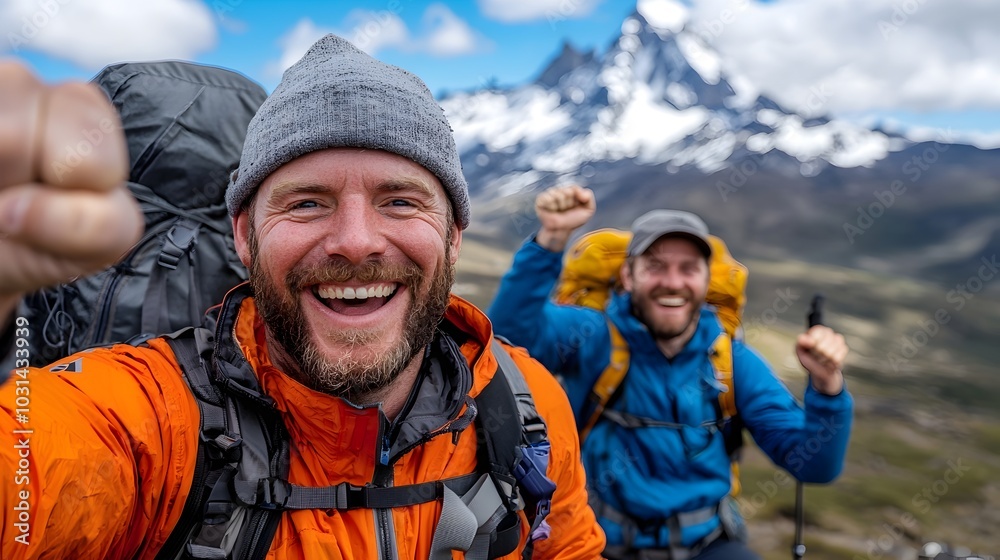 Exultant Hikers Raising Arms in Joy After Reaching the Summit of a Picturesque Mountain Enjoying the Panoramic Vista from the Top