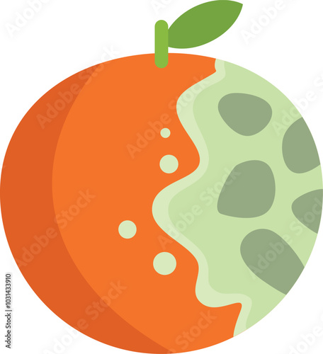 This illustration shows an orange fruit covered with mold, representing concepts such as food waste, expiration date, and unhealthy food