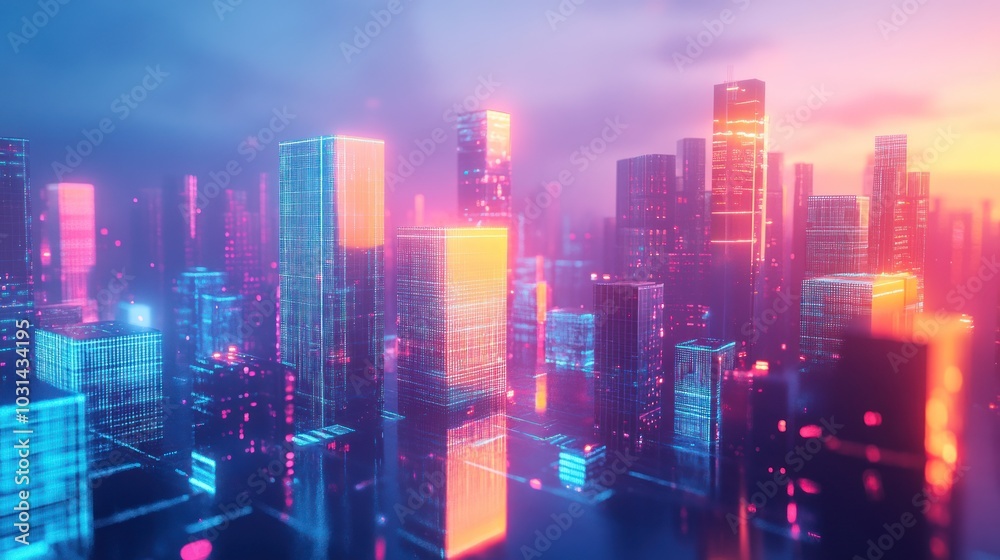 Futuristic digital cityscape made of glowing cubes AI generated image Futuristic digital cityscape made of glowing cubes AI generated image