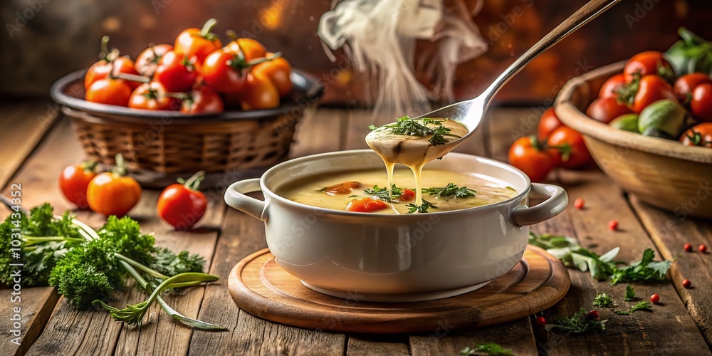 Greek Soup in a White Enamel Bowl with Ladle Pouring Deliciousness - High Depth of Field Greek Soup in a White Enamel Bowl with Ladle Pouring Deliciousness - High Depth of Field