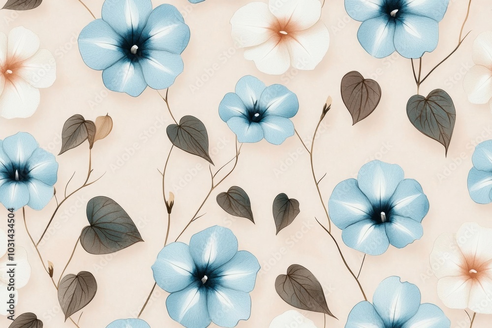 A delicate floral pattern featuring blue and white flowers intertwined with green leaves against a soft beige background. A delicate floral pattern featuring blue and white flowers intertwined with green leaves against a soft beige background.