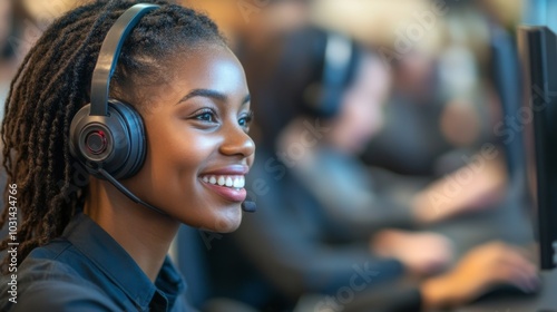 A Smiling Black Woman Wearing a Headset Works at a Computer