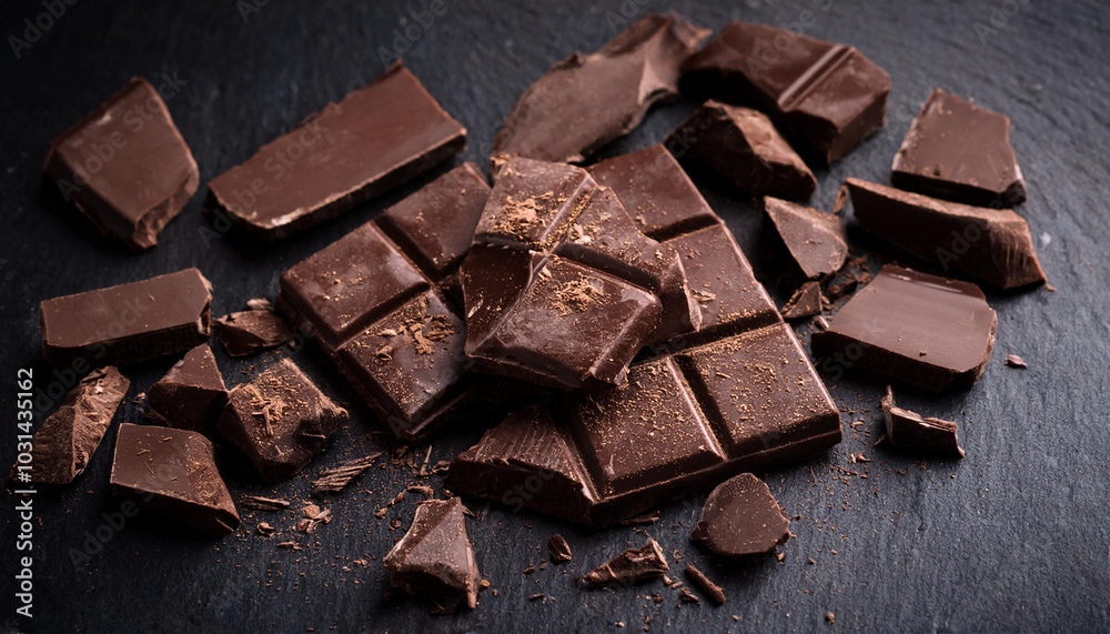 Dark chocolate pieces crushed on a dark background, view from above Dark chocolate pieces crushed on a dark background, view from above