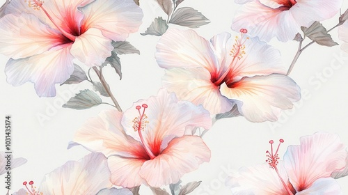 Wallpaper Mural A floral design featuring delicate hibiscus flowers in soft hues of pink and white, surrounded by green leaves on a light background. Torontodigital.ca