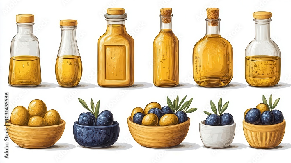 artfully arranged set of olive oil elements featuring a sleek bottle a dipping bowl splashes of liquid and fresh olives all against a pristine white background highlighting culinary elegance artfully arranged set of olive oil elements featuring a sleek bottle a dipping bowl splashes of liquid and fresh olives all against a pristine white background highlighting culinary elegance