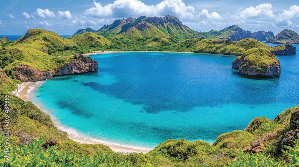 Fototapeta premium Scenic coastal landscape with lush hills and clear blue waters.