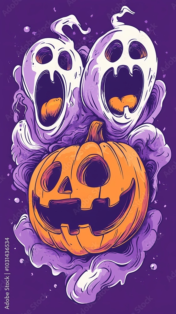 Fototapeta premium Playful Halloween ghosts and a grinning pumpkin on a vibrant purple background.