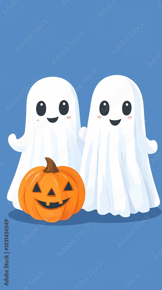 Two cheerful cartoon ghosts with a Halloween pumpkin.