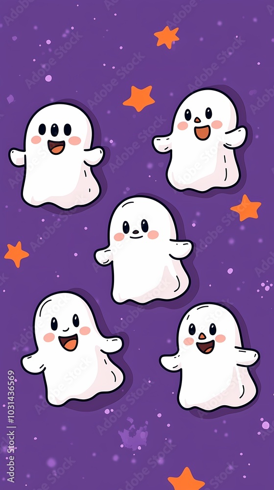 A cheerful collection of cartoon ghosts against a vibrant purple background. A cheerful collection of cartoon ghosts against a vibrant purple background.