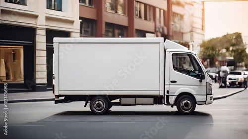 White Delivery Truck Driving Through a Busy City Street at Sunset
