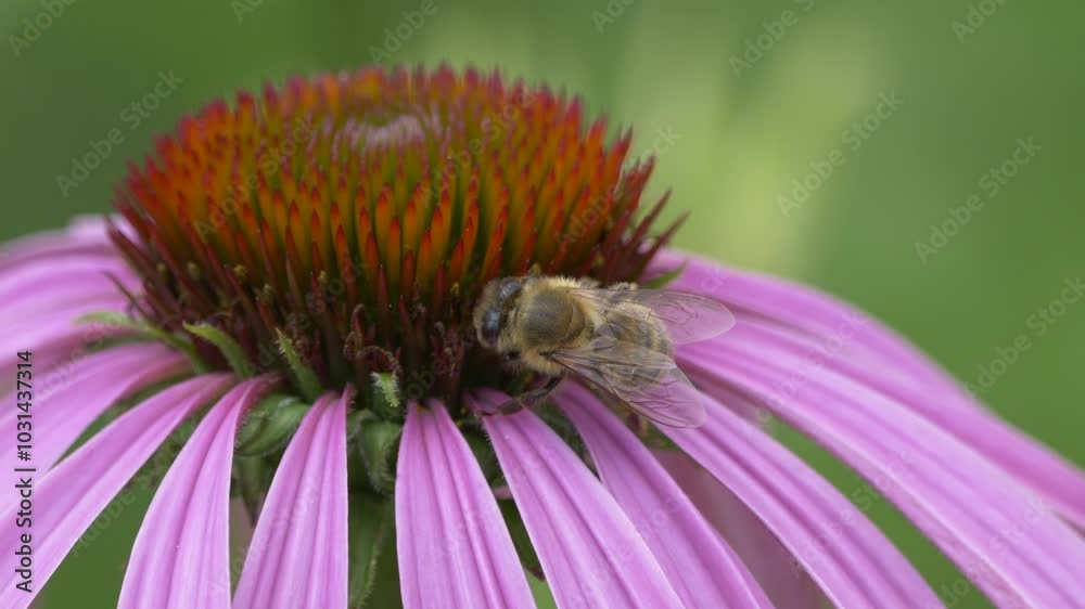 bee sucking the nectar from a purple coneflower in the morning against blur green background bee sucking the nectar from a purple coneflower in the morning against blur green background