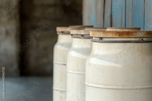 Vintage milk cans lined up in a rustic setting with a weathered background.