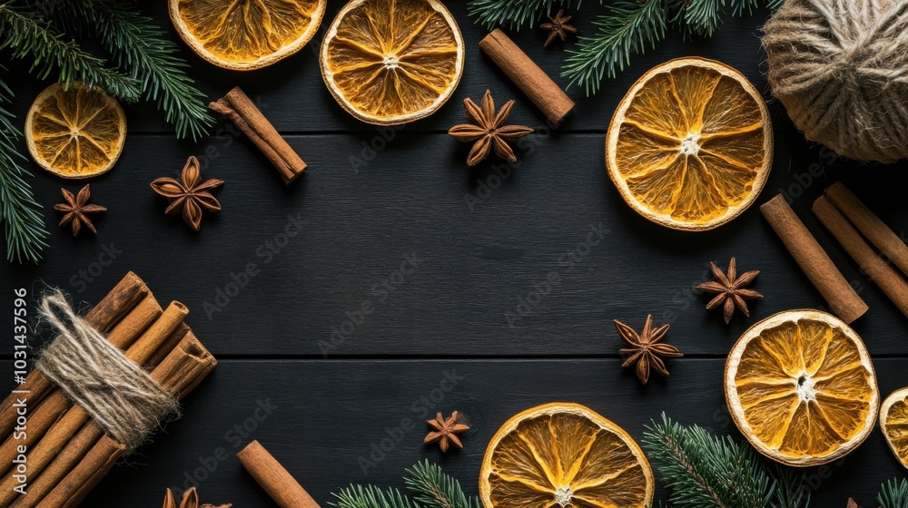 Festive Spices and Dried Citrus on Dark Background Festive Spices and Dried Citrus on Dark Background