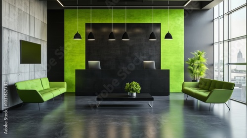 Modern Office Lobby: Lime Green Reception Desk and Black Accents 