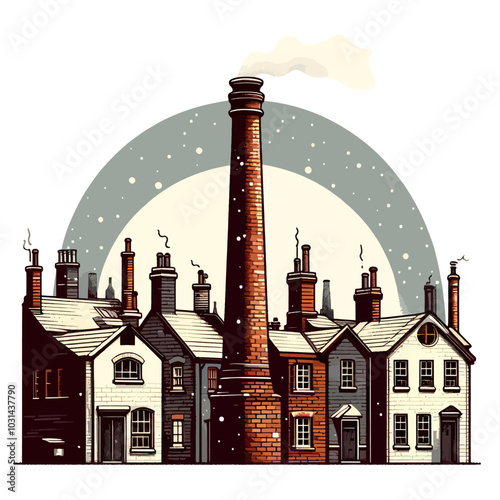 A drawing of a city with a large brick chimney