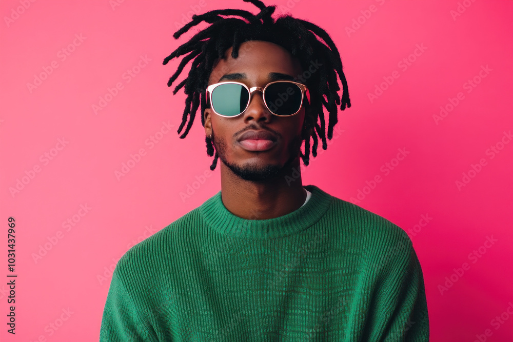 Man with dread hair wearing sunglasses holding a surfboard on a sunny beach, looking out at the ocean waves. Man with dread hair wearing sunglasses holding a surfboard on a sunny beach, looking out at the ocean waves.