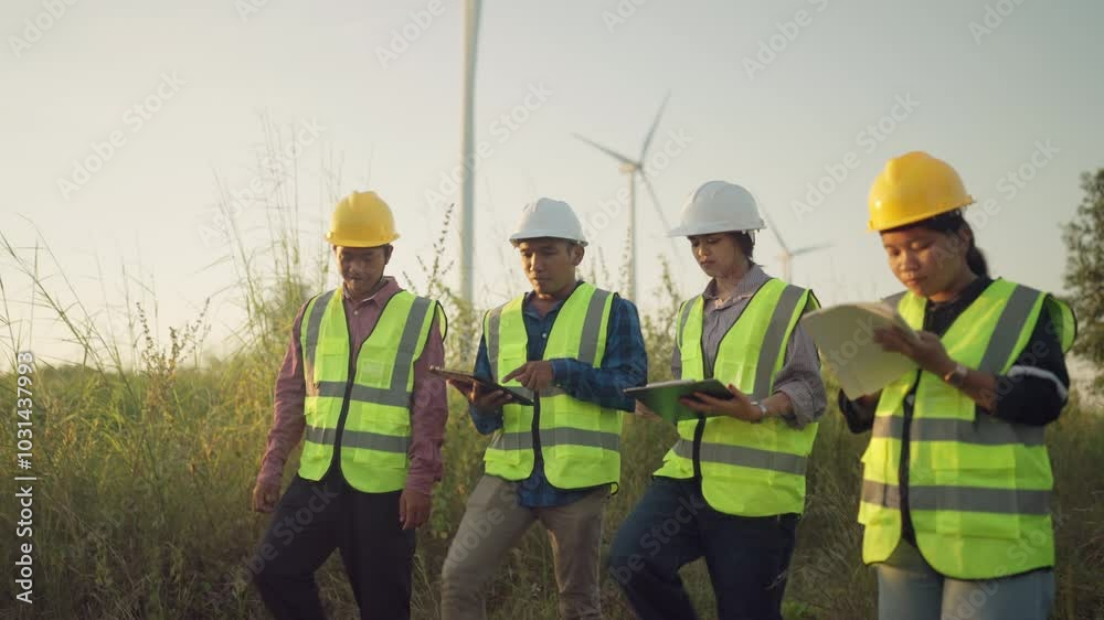 A group of workers in safety vests are walking through a field. They are carrying books and wearing hard hats A group of workers in safety vests are walking through a field. They are carrying books and wearing hard hats