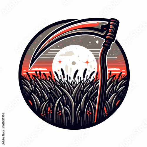 A graphic of a sickle with a moon