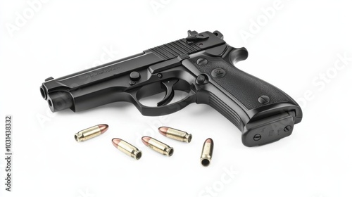 Black Handgun with Ammunition on a White Background