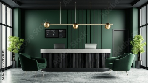 Emerald Green Reception Area: A sleek and modern reception area features a dark wood reception desk, two plush emerald green armchairs, and a statement light fixture.