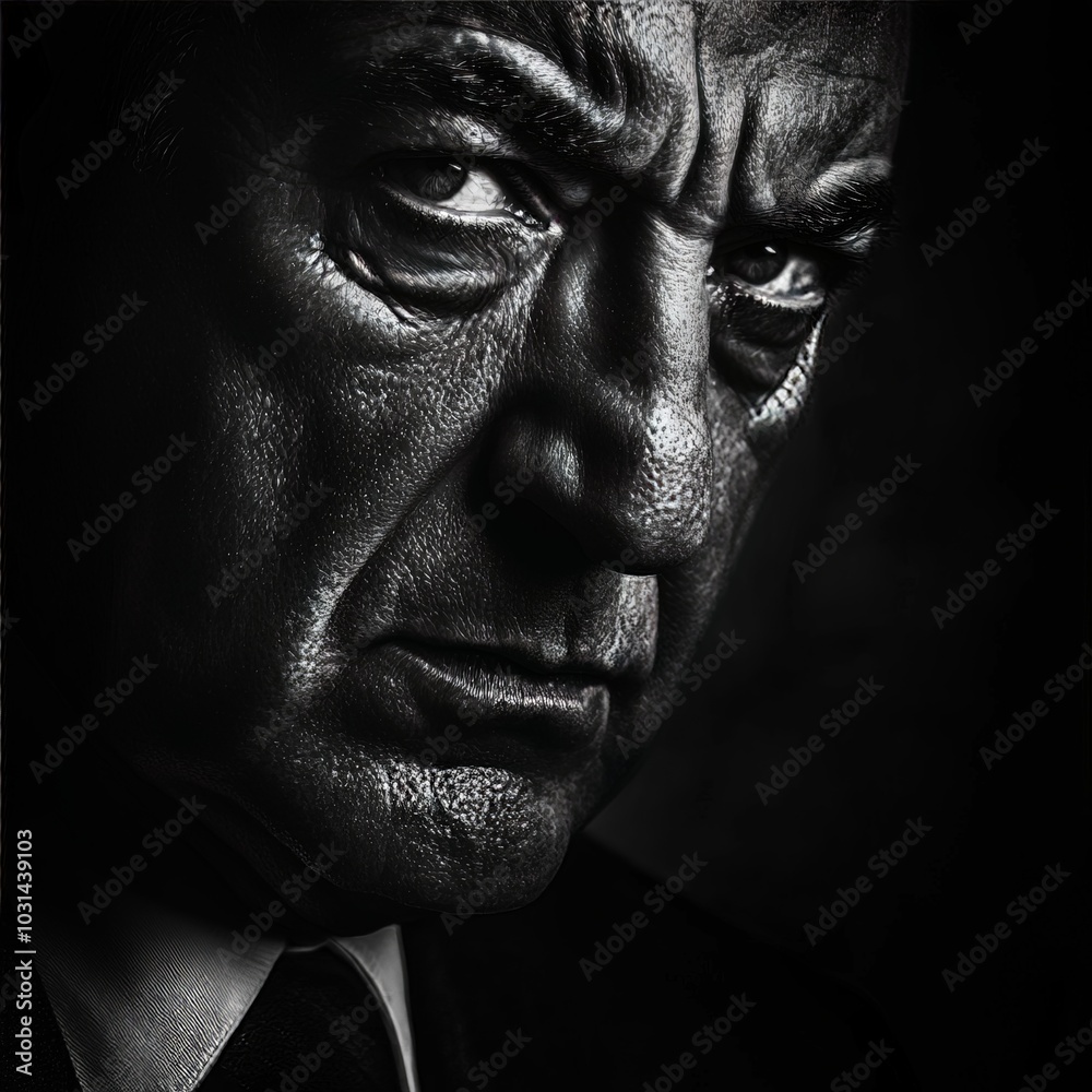 A close-up portrait of a mafia boss with a stern expression, shadows highlighting the lines of experience and ruthlessness on his face A close-up portrait of a mafia boss with a stern expression, shadows highlighting the lines of experience and ruthlessness on his face