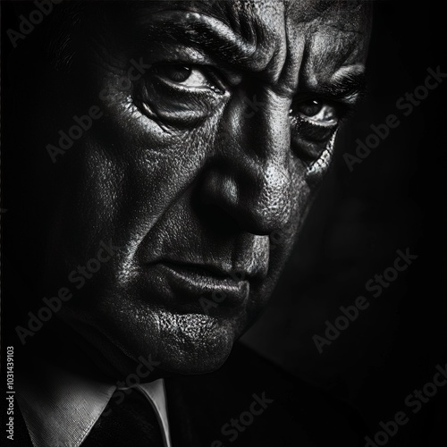 A close-up portrait of a mafia boss with a stern expression, shadows highlighting the lines of experience and ruthlessness on his face