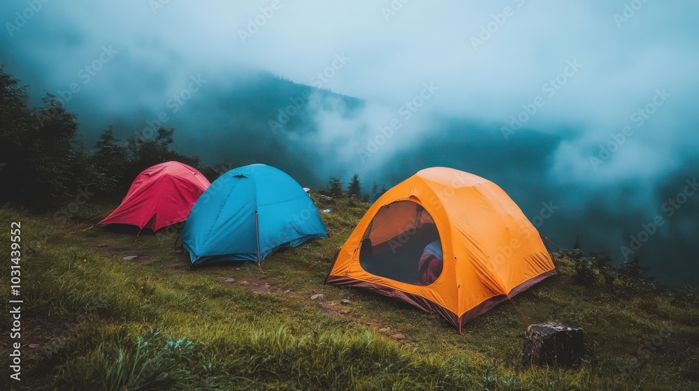 Colorful Tents in a Misty Landscape Colorful Tents in a Misty Landscape