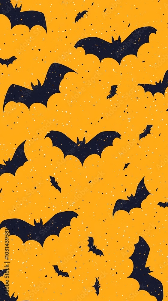 Pattern of black bats flying against a vibrant orange background. Pattern of black bats flying against a vibrant orange background.