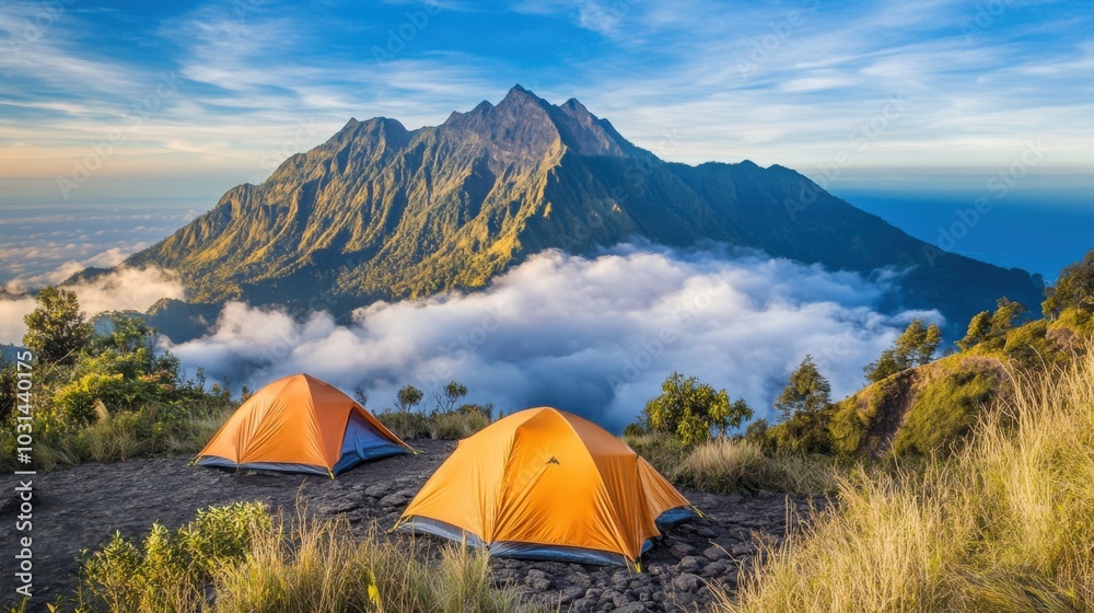 Scenic Mountain View with Tents in Nature Scenic Mountain View with Tents in Nature