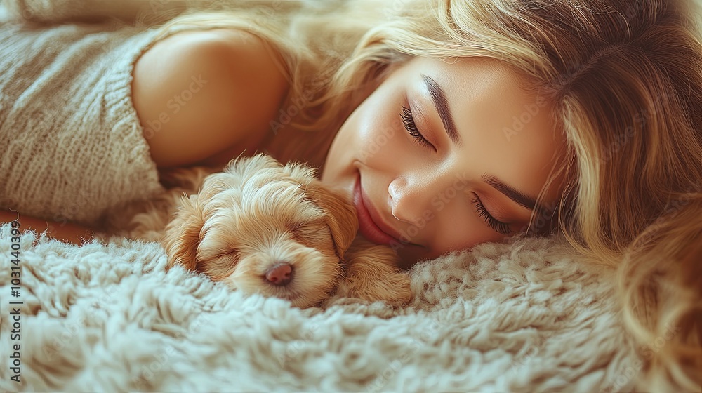 Joyful Moment with Newborn Puppy and Smiling Woman Joyful Moment with Newborn Puppy and Smiling Woman