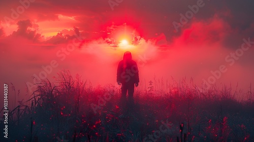 Silhouette of a Figure in a Red Sunset