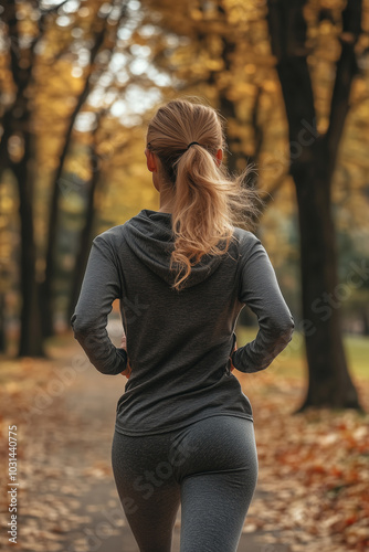 A female interested in sports, jogging slowly, view from the back, autumn city park photo