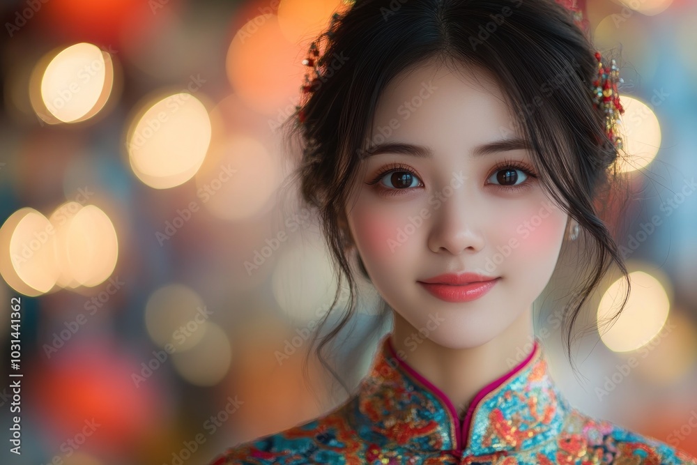 A young woman in traditional attire with a blurred colorful background. A young woman in traditional attire with a blurred colorful background.