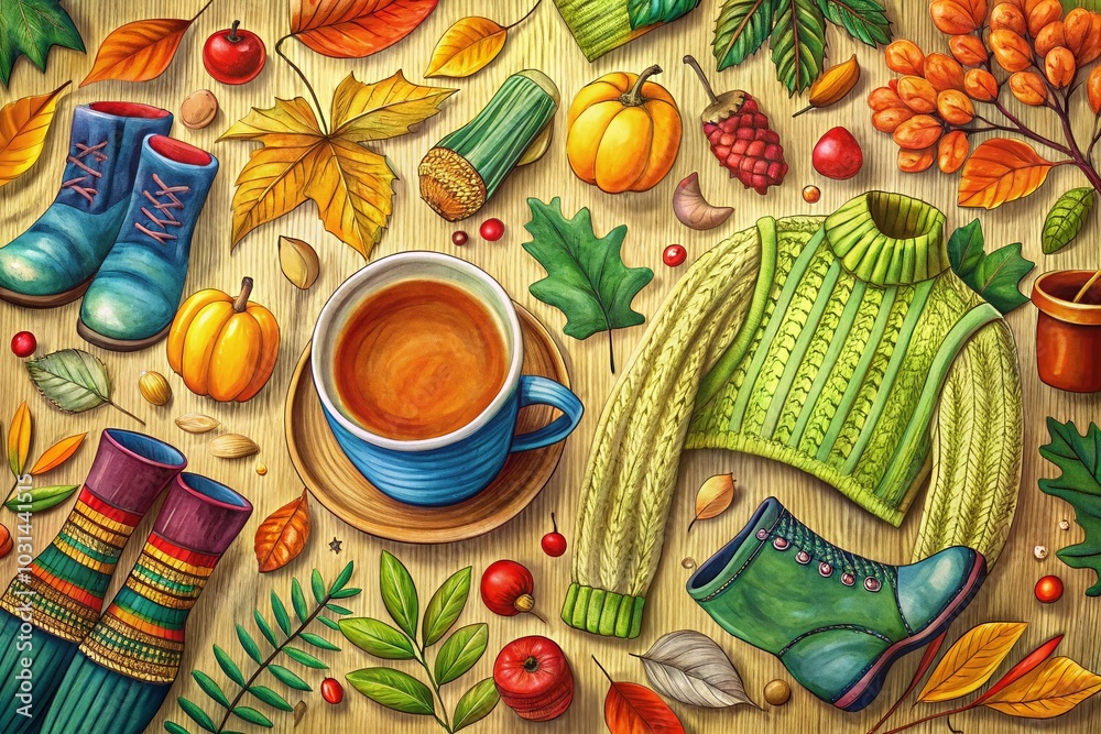 Fototapeta premium Hand-Drawn Autumn Doodles: Rubber Boots, Sweaters, Tea Cups, and More Cozy Fall Sketches for Seasonal Designs and