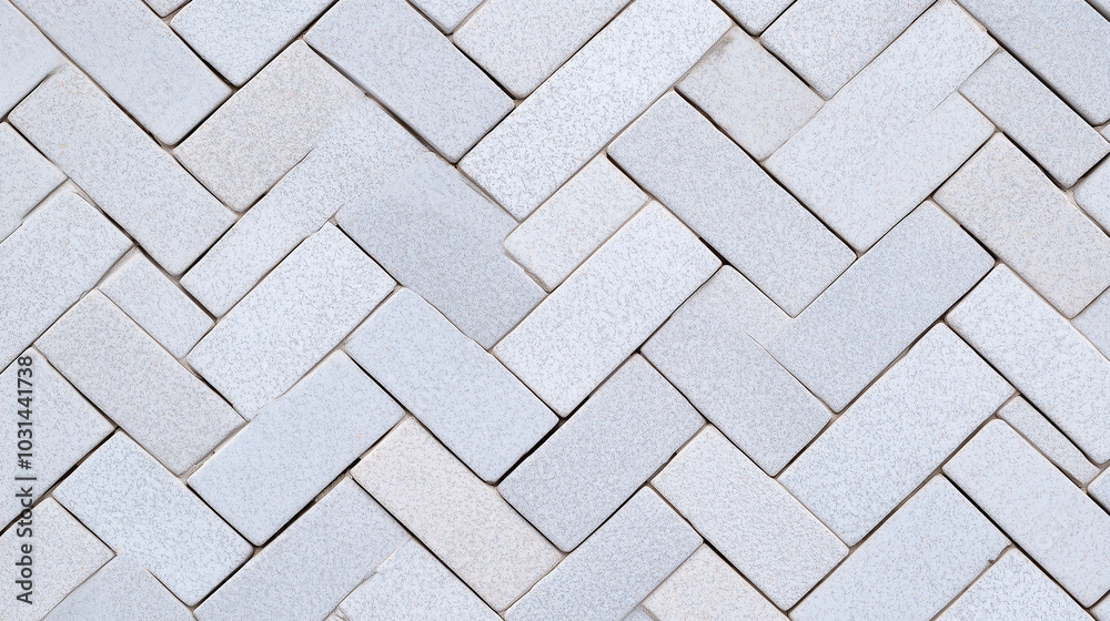 A close-up image of a pavement made of white bricks arranged in a herringbone pattern. A close-up image of a pavement made of white bricks arranged in a herringbone pattern.