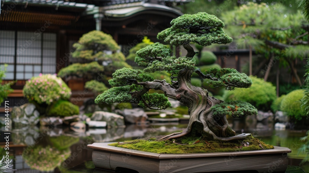A large tree with a small trunk sits in a pond A large tree with a small trunk sits in a pond