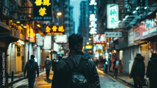 A man wearing a backpack walks down a busy city street at night