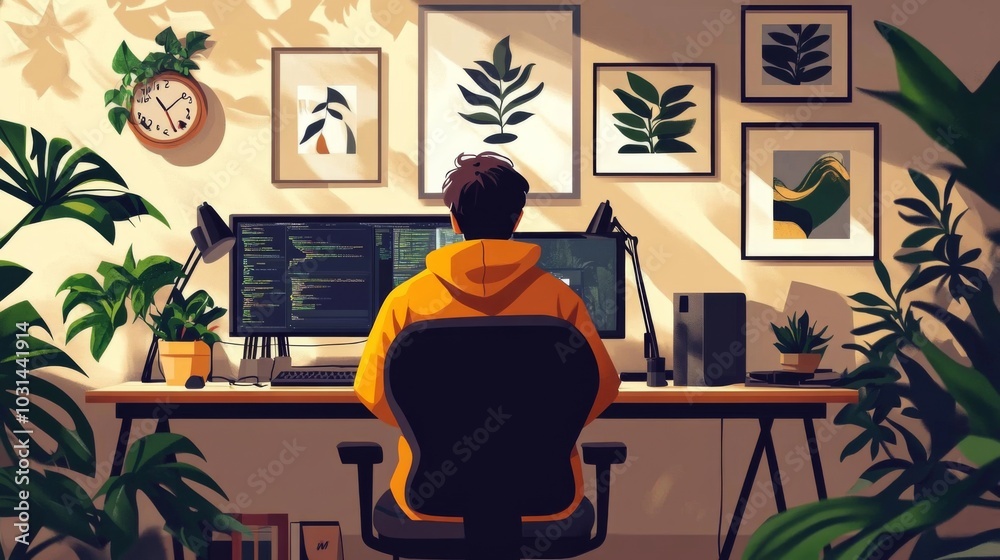 Person in orange hoodie at cluttered desk with computer, keyboard, mouse, plants, and framed pictures in warm cozy atmosphere. Person in orange hoodie at cluttered desk with computer, keyboard, mouse, plants, and framed pictures in warm cozy atmosphere.