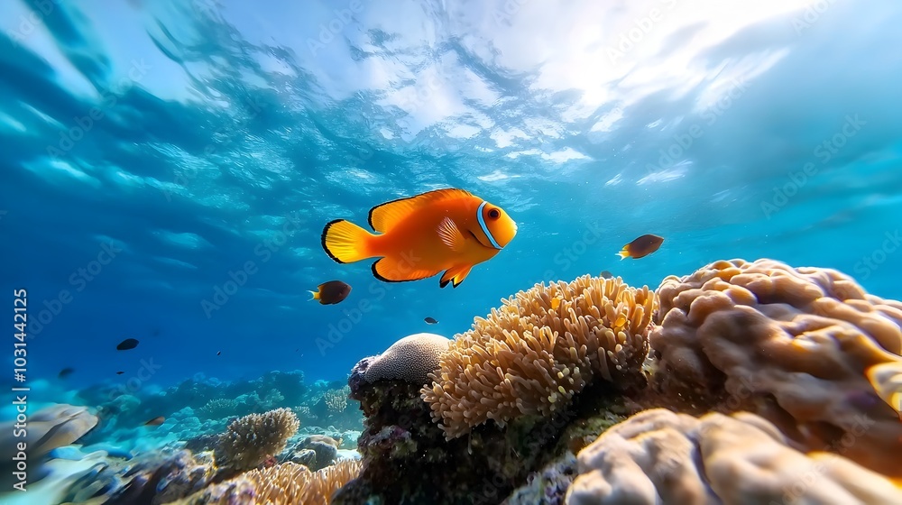 Fototapeta premium Breathtaking underwater scene showcasing a vibrant coral reef teeming with schools of colorful fish swimming gracefully among the diverse coral formations