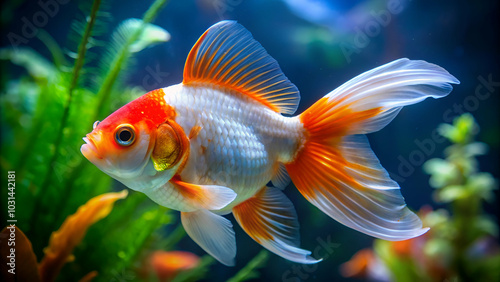 Close-Up of Oranda Goldfish in an Aquarium Fish Tank"