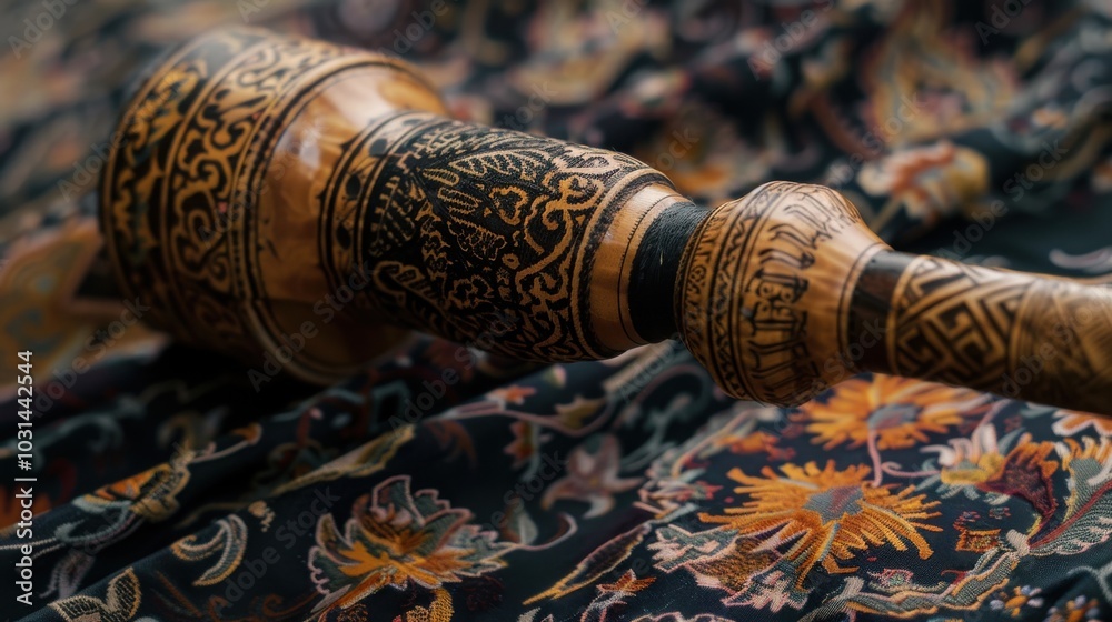 A wooden object with a black and gold design sits on a colorful rug A wooden object with a black and gold design sits on a colorful rug