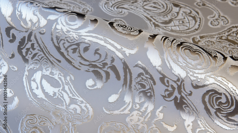 A luxurious fabric texture featuring intricate paisley patterns embossed with a metallic sheen. A luxurious fabric texture featuring intricate paisley patterns embossed with a metallic sheen.
