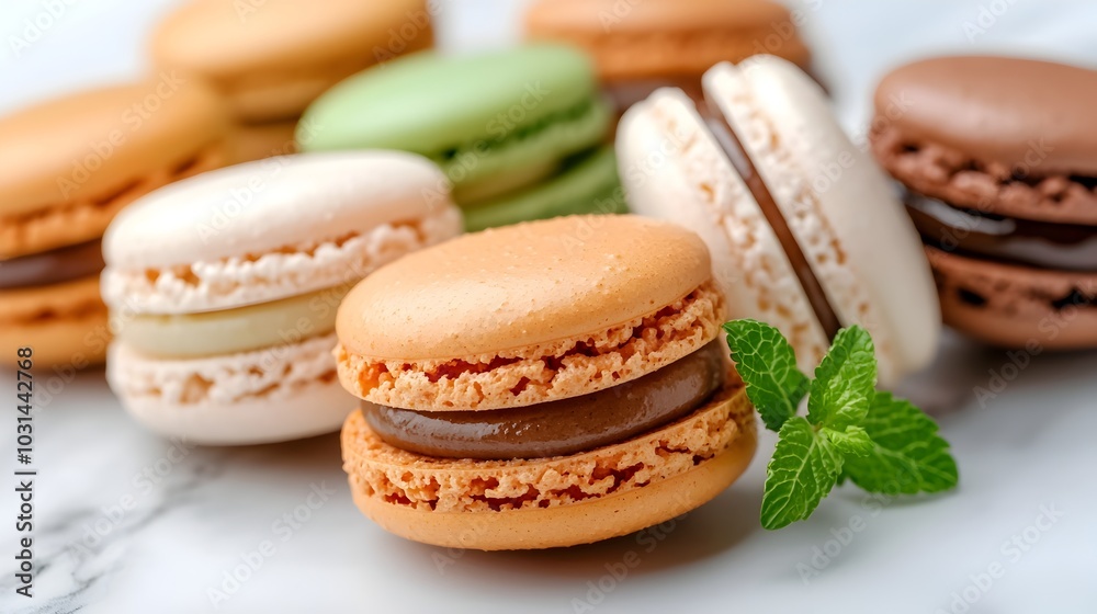 Close up of vibrant colorful macarons arranged in a neat uniform row on a sleek marble countertop The delicate pastries are beautifully presented Close up of vibrant colorful macarons arranged in a neat uniform row on a sleek marble countertop The delicate pastries are beautifully presented
