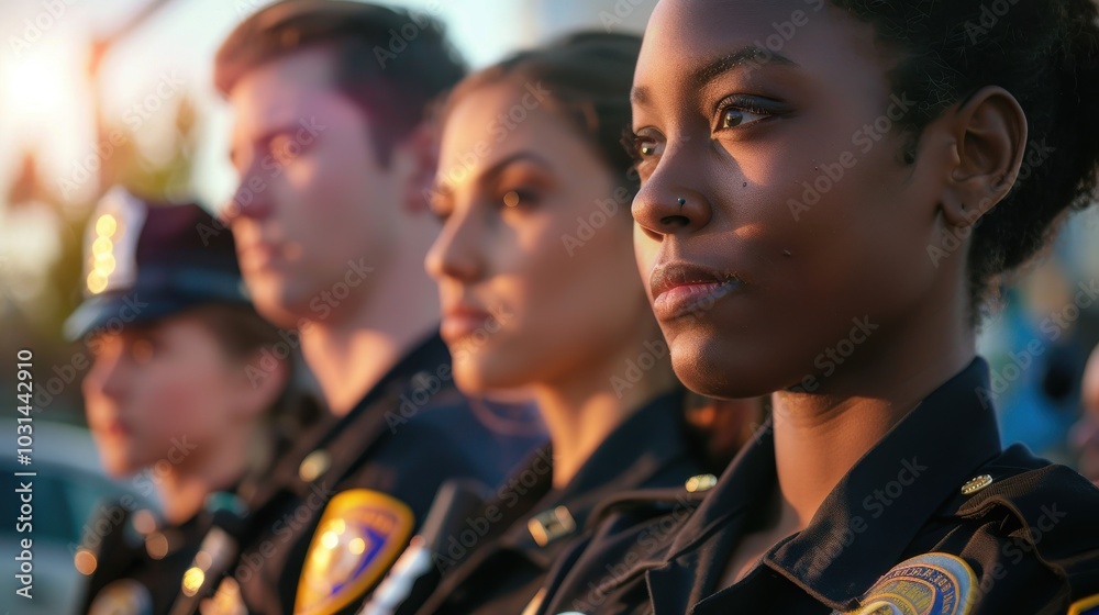 Four police officers stand in a line, all wearing the same uniform Four police officers stand in a line, all wearing the same uniform