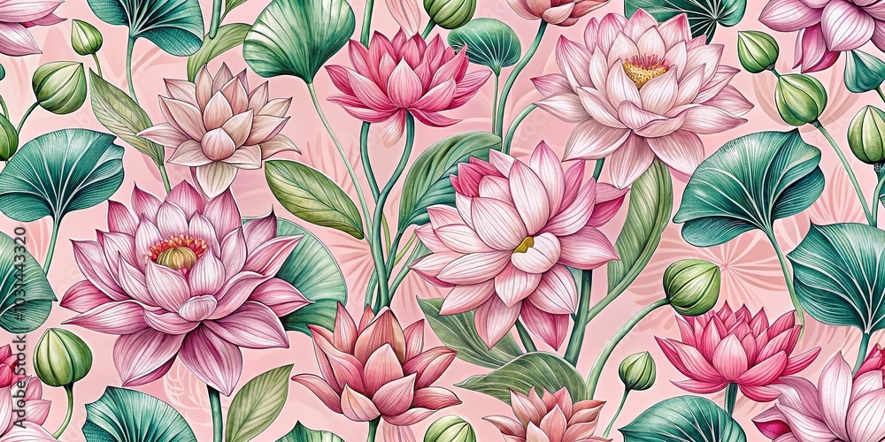 Hand-Drawn Lotus Floral Pattern Design on Pink Background for Textile and Stationery Use Hand-Drawn Lotus Floral Pattern Design on Pink Background for Textile and Stationery Use