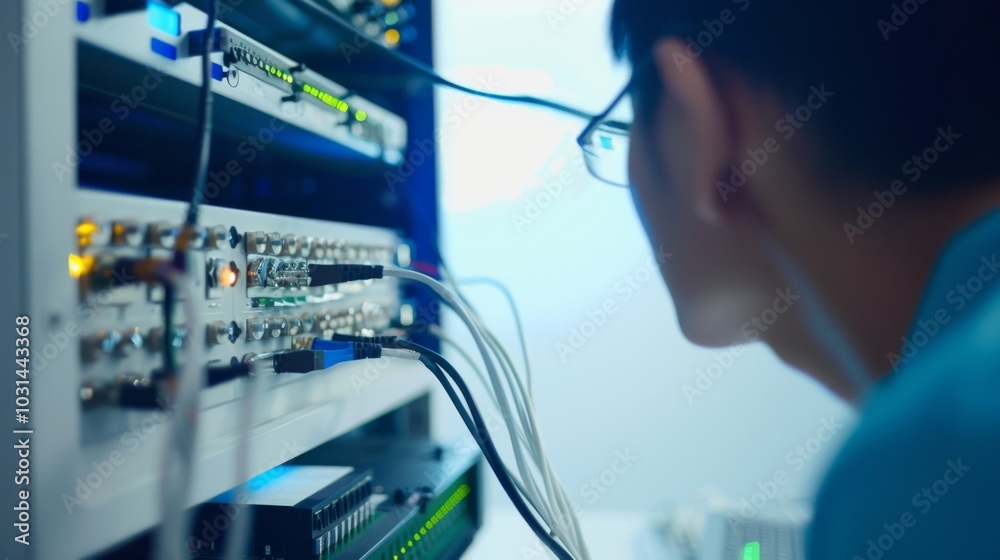 Technician in modern office maintaining network server, surrounded by cables and routers, showcasing focus and professionalism in IT infrastructure management. Technician in modern office maintaining network server, surrounded by cables and routers, showcasing focus and professionalism in IT infrastructure management.