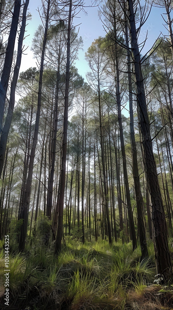 Fototapeta premium A forest with tall trees and a bright sunny day