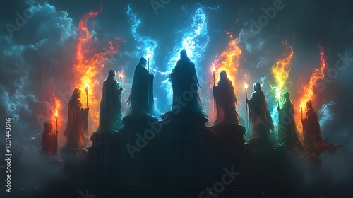 A council of hooded wizards gathered in a circle, each holding a staff glowing with a different colored energy, high atop a tower with swirling magical winds